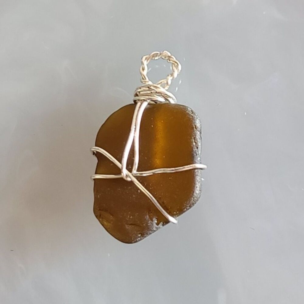 Handcrafted Silver Wire Wrapped Brown Sea Glass Pendant Beach Necklace Boho Chic